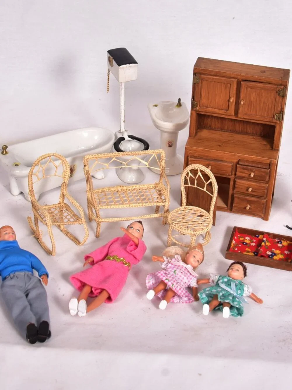 Lot of Vintage Doll House Furniture and Dolls Fair Condition